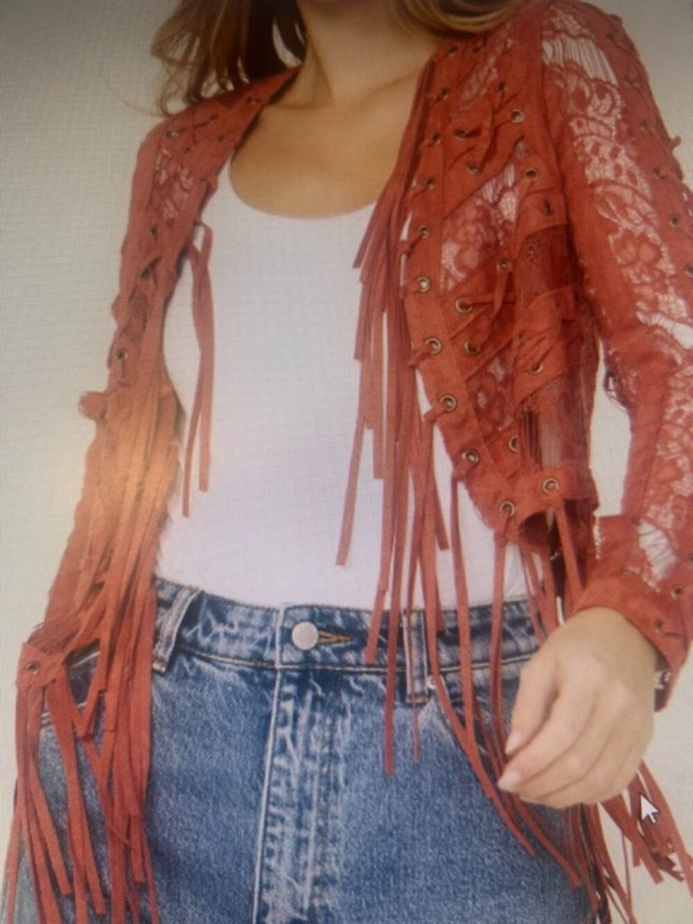 Vocal Women's Red Brick Suede Lace Stitching Fringe Open Tassel Jacket NEW - Picture 11 of 16